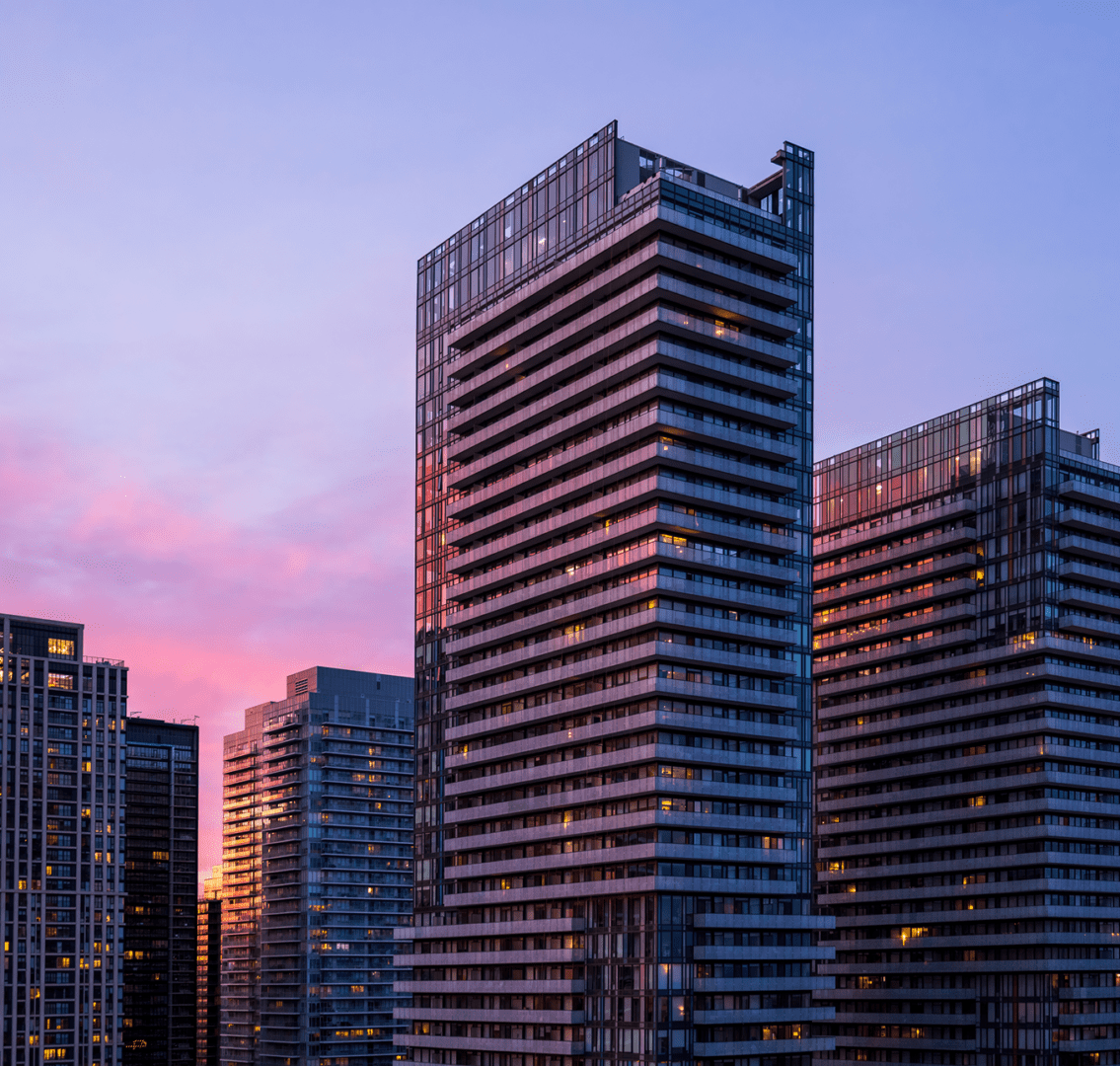 High-rise buildings with sunset backdrop
